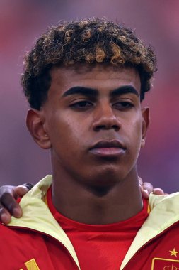 Münih, Almanya 09.07.2024: İspanya 'dan Lamine Yamal UEFA EURO 2024 yarı finallerinde, İspanya ile Fransa arasında Münih' teki Allianz Arena maçında oynanan futbol karşılaşması