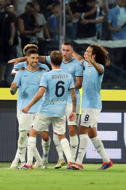 Rome, Italy 18.08.2024 : Mattia Zaccagni of Lazio score the goal and celebrate with the team  during Italian football championship Serie A Enilive 2024-2025  match SS Lazio vs Venezia FC at Stadio Olimpico in Rome on August 18, 2024. clipart