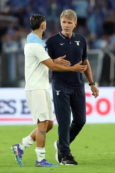 stock image Rome, Italy 18.08.2024 : Taty Castellanos of Lazio greets Marco Baroni coach manager Lazio at end  of Italian football championship Serie A Enilive 2024-2025  match SS Lazio vs Venezia FC at Stadio Olimpico in Rome on August 18, 2024.