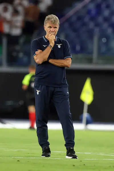 stock image Rome, Italy 18.08.2024 : Marco Baroni coach manager Lazio during warm-up before Italian football championship Serie A Enilive 2024-2025  match SS Lazio vs Venezia FC at Stadio Olimpico in Rome on August 18, 2024.