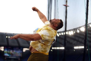 Roma, İtalya 30.08.2024: DISCUS DISCUS 'ta erkekler atletizm müsabakasında Altın Gala Pietro Mennea Rome 2024 - 30 Ağustos 2024' te Roma 'daki Stadio Olimpico' da Diamond League.