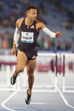 Rome, Italy 30.08.2024 : Sasha ZHOYA win  110M HURDLES MEN  in athletic competition Golden Gala Pietro Mennea Rome 2024 - Diamond League at Stadio Olimpico in Rome on August 30, 2024. clipart