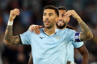 Roma, İtalya 16.09.2024: Lazio 'lu Mattia Zaccagni, Eylül 2024' te Roma 'daki Stadio Olimpico' da oynanan SS Lazio 'ya karşı Hellas Verona maçında İtalya' nın Serie A Enilive 2024-2025 şampiyonasındaki golünü kutladı..