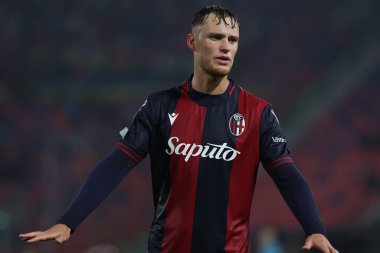 Bologna, Italy 18.09.2024 :  Stefan Posch of Bologna during UEFA Champions League 2024-2025, day 1, football match Bologna FC 1909 - Shakhtar Donetsk at  Renato Dall'Ara stadium in Bologna on September 2024. clipart