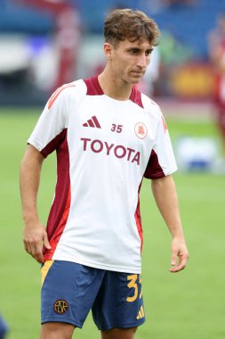 Roma, İtalya 22,09.2024: İtalyan futbol şampiyonası Serie A Enilive 2024-2025 karşılaşması öncesinde Roma 'dan Tommaso Baldanzi Roma' daki Stadio Olimpico 'da AS Roman ve Udinese Calcio karşılaşması.