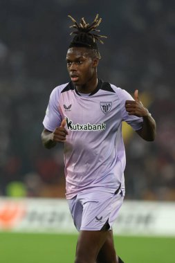 Roma, İtalya 26.9.2024: UEFA Avrupa Ligi 2024-2025 birinci gününde Athletic Bilbao 'dan Nico Williams, Roma' daki Olimpiyat Stadyumu 'nda AS Roman ve Athletic Club Bilbao arasında oynanan futbol karşılaşması.
