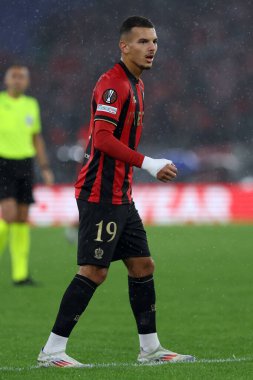 Roma, İtalya 03.10.2024: Uefa Avrupa Ligi 2024-2025, 2. gün, Uefa Avrupa Ligi 'nde Badredine Bouanani, SS Lazio ile Ogc Nice arasında Roma Olimpiyat Stadyumu' nda oynanan futbol karşılaşması.