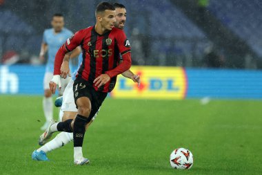 Roma, İtalya 03.10.2024: Nice 'den Badredine Bouanani, Uefa Avrupa Ligi 2024-2025, Uefa Avrupa Ligi' nde Mario Gila, ikinci gün, SS Lazio ve Ogc Nice arasındaki futbol maçı Roma Olimpiyat Stadyumu 'nda..