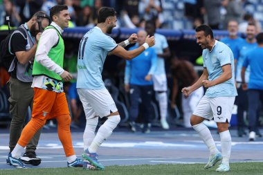 Roma, İtalya 6.10.2024: Lazio 'lu Pedro 6 Ekim 2024' te Roma 'daki Stadio Olimpico' da oynanan SS Lazio - Empoli FC karşılaşmasında golü attı ve İtalya 'nın futbol şampiyonası Serie A Enilive 2024-2025 ile kutladı..