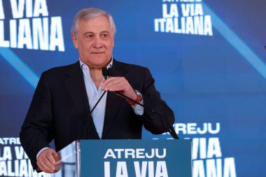 Roma, İtalya 15.12.2024: Antonio Tajani, iktidar partisi Fratelli D 'Italia' nın Atreju 2024 Sirki 'nde düzenlediği siyasi etkinlik sırasında konuştu.