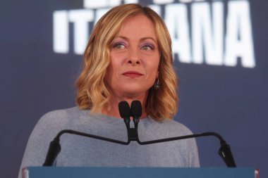 Roma, İtalya 15.12.2024: İtalya Başbakanı Giorgia Meloni, iktidar partisi Fratelli D 'Italia' nın Atreju 2024 adlı siyasi etkinliği sırasında Circus Maximus 'ta bir konuşma yaptı.