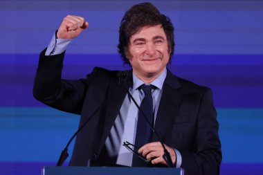 Rome, Italy 14.12.2024:  Argentine president Javier Milei speaks during the political event organized by the governing party Fratelli D'Italia called Atreju 2024 at the Circo Massimo in Rome clipart