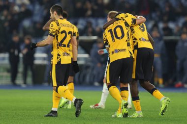 Roma, İtalya 16.12.2024: Marcus Thuram İtalya Futbol Şampiyonası Serie A Enilive 2024-2025 karşılaşmasında Roma 'daki Stadio Olimpico' da SS Lazio 'ya karşı FC Internazionale maçında golü attı ve takımla birlikte kutladı. 