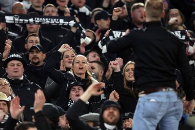 Roma, İtalya 30.01.2025: Eintracht Frankfurt taraftarları Uefa Avrupa Ligi 2024-2025 yıllarında kürsüde, AS Roman Eintracht Frankfurt 'a karşı Roma Olimpiyat Stadyumu' nda oynanan futbol karşılaşması.