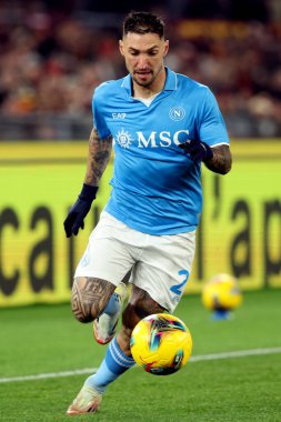 Roma, İtalya 02.02.2025: Napoli 'li Matteo Politano İtalya Futbol Şampiyonası sırasında Serie A Enilive 2024-2025 AS Roma-SSC Napoli karşılaşması 2 Şubat 2025' te Roma 'da Stadio Olimpico' da.