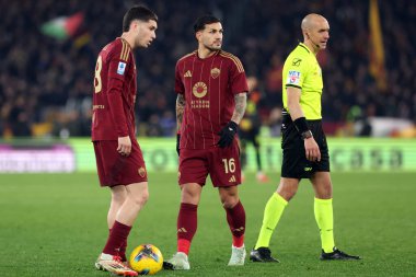 Rome, Italy 02.02.2025 : Matias Soule of Roma, Leandro Paredes of Roma during Italian football championship Serie A Enilive 2024-2025  match AS Roma vs SSC Napoli at Stadio Olimpico in Rome on February 2, 2025. clipart