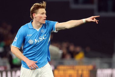 Roma, İtalya 02.02.2025: Napoli 'li Scott Mctominay İtalya Futbol Şampiyonası sırasında Serie A Enilive 2024-2025 AS Roma-SSC Napoli maçında 2 Şubat 2025' te Roma 'da Stadio Olimpico' da.