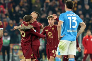 Roma, İtalya 02.02.2025: Roman Angelino 1-1 gol attı ve İtalya futbol şampiyonası Serie A Enilive 2025-2025 sezonunda Roma-SSC Napoli karşılaşmasını Roma 'daki Stadio Olimpico' da 2 Şubat 2025 'te kutladı..