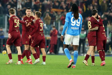 Roma, İtalya 02.02.2025: Roman Angelino 1-1 gol attı ve İtalya futbol şampiyonası Serie A Enilive 2025-2025 sezonunda Roma-SSC Napoli karşılaşmasını Roma 'daki Stadio Olimpico' da 2 Şubat 2025 'te kutladı..