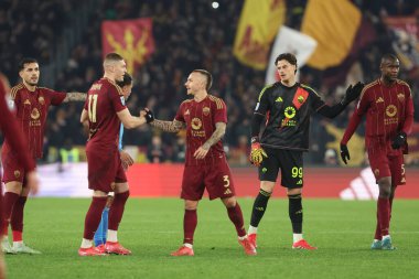 Roma, İtalya 02.02.2025: Roman Angelino 1-1 gol attı ve İtalya futbol şampiyonası Serie A Enilive 2025-2025 sezonunda Roma-SSC Napoli karşılaşmasını Roma 'daki Stadio Olimpico' da 2 Şubat 2025 'te kutladı..