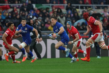 Rome, Italy 08.02.2025: Paolo GARBISI of Italy, Ben Thomas of Wales  seen in action during the Guinness Six Nations 2025 rugby match between Italy vs Wales at Stadio Olimpico. clipart