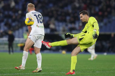 Rome, Italy 15.02.2025 : Gustav Isaksen of Lazio, Alex Meret of Napoli during Italian football championship Serie A Enilive 2024-2025  match SS Lazio vs SSC Napoli at Olympic stadium  in Rome. clipart