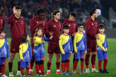 Rome, Italy 20.02.2025 : Eldor Shomurodov of Roma, Manu Kone of Roma, Paulo Dybala of Roma Stephan El Shaarawy of Roma before the Uefa Europe League 2024-2025 football match, play-off, AS Roma vs FC Porto at Olympic stadium in Rome. clipart