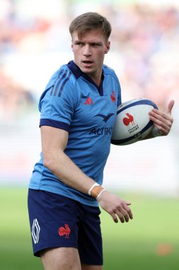 Roma, İtalya - 23.02.2025: Guinness Altı Milletler 2025 Olimpiyat Stadyumu 'nda oynanan karşılaşmada Leo Barre of France.