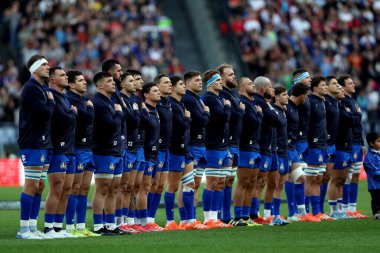 Roma, İtalya - 23.02.2025: İtalya milli takımı ulusal marşı Guinness Altı Milletler 2025 Olimpiyat Stadyumu 'nda İtalya ile Fransa arasında oynanan karşılaşma öncesinde söyledi.