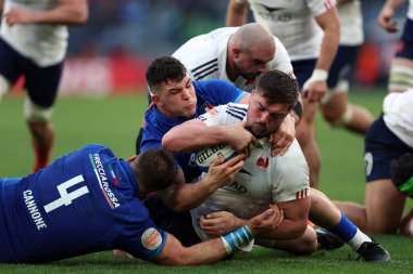 Rome, Italy - 23.02.2025:  Gregory Alldritt of France score a try during the Guinness Six Nations 2025 match between Italy and France at Olympic Stadium. clipart