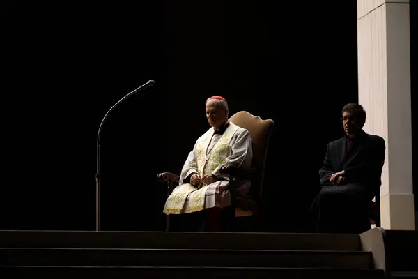 Vatikan Şehri, İtalya 03.03.2025: Amerikan Kardinali Robert Prevost, kilisenin annesi Meryem Ana 'nın resminin önünde, Aziz Petrus Bazilikası' nın önünde Papa Francis için Kutsal Tespih 'i okumada inançlılara önderlik eder. P harfi