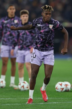 Roma, İtalya 6.03.2025: Bilbao 'lu Nico Williams, Uefa Avrupa Ligi 2024-2025, 16. Round karşılaşmalarında Roma' daki Olimpiyat Stadyumu 'nda AS Romanlar ve Athletic Club Bilbao arasındaki futbol karşılaşmasında görev aldı..