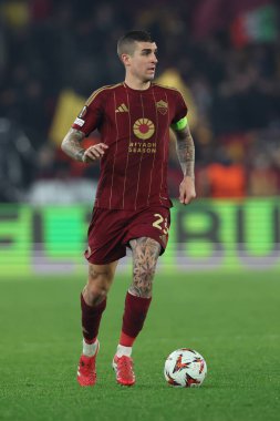 Roma, İtalya 6.03.2025: Roman Gianluca Mancini Uefa Avrupa Ligi 2024-2025, 16. Round, AS Romanlar Atletizm Kulübü Bilbao ile Roma 'daki Olimpiyat Stadyumu' nda oynanan futbol karşılaşması sırasında görev başında görüldü.