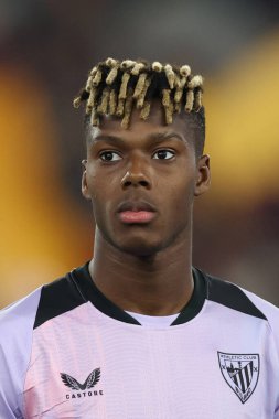 Roma, İtalya 6.03.2025: Bilbaoseen 'li Nico Williams, Uefa Avrupa Ligi 2024-2025, 16. Round, AS Romanlar Atletizm Kulübü Bilbao' ya karşı Roma 'daki Olimpiyat Stadyumu' nda oynanan futbol karşılaşmasında görev aldı..