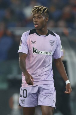 Roma, İtalya 6.03.2025: Bilbao 'lu Nico Williams, Uefa Avrupa Ligi 2024-2025, 16. Round, AS Romanlar ve Athletic Club Bilbao arasında Roma Olimpiyat Stadyumu' nda oynanan futbol karşılaşmasında görev aldı..