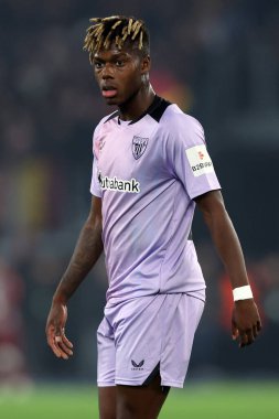 Roma, İtalya 6.03.2025: Bilbao 'lu Nico Williams, Uefa Avrupa Ligi 2024-2025, 16. Round, AS Romanlar ve Athletic Club Bilbao arasında Roma Olimpiyat Stadyumu' nda oynanan futbol karşılaşmasında görev aldı..