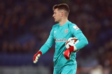 Roma, İtalya 6.03.2025: Bilbao 'dan Julen Agirrezabala Uefa Avrupa Ligi 2024-2025, 16. Round, AS Romanlar Atletizm Kulübü Bilbao' ya karşı Roma 'daki Olimpiyat Stadyumu' nda oynanan futbol karşılaşmasında görev aldı..