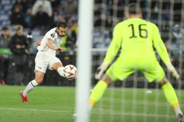 Roma, İtalya 13.03.2025: Lazio 'lu Pedro Uefa Avrupa Ligi 2024-2025, 16. tur karşılaşmasında Roma' daki Olimpiyat Stadyumu 'nda SS Lazio ile Viktoria Plzen arasındaki maçta görüldü..