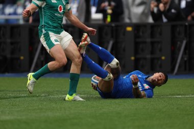 Roma, İtalya - 15.03.2025: İtalyan Monty Iaone M6N Guinness Altı Milletler 2025 Olimpiyat Stadyumu 'nda oynanan karşılaşmada bu golü attı ve kutladı..