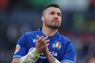 Roma, İtalya - 15.03.2025: İtalyan Sebastian Negri M6N Guinness Altı Milletler 2025 Olimpiyat Stadyumu 'nda oynanan karşılaşmada görülüyor.