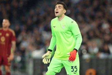 Roma, İtalya 13.4.2025: İtalyan futbol şampiyonası sırasında Lazio 'lu Christos Mandas Serie A Enilive 2024-2025 derby karşılaşmasında SS Lazio Roma' daki Stadio Olimpico 'da AS Roma' ya karşı.