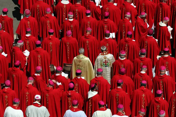 Vatikan Şehri, 26 Nisan 2025 'te Papa Francis' in cenazesine katılmak için kilise avlusunda oturan kardinallerin mor kırmızısı tüm meydanda göze çarpıyor. Kırmızı, şehitliği bile sembolize ediyor..