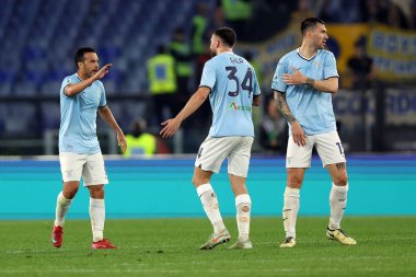 Roma, İtalya 28.4.2025: Lazio 'dan Pedro Rodrguez Ledesma golü attı ve İtalya futbol şampiyonası Serie A Enilive 2024-2025 derby karşılaşması sırasında Roma' daki Stadio Olimpico 'da SS Lazio-Parma Calcio 1913 karşılaşmasında takımla birlikte kutladı.