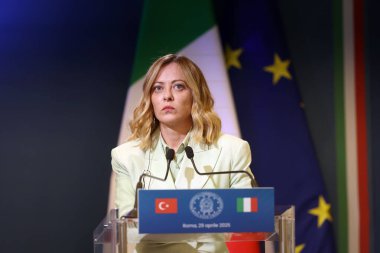 Roma, İtalya 29.4.2025: İtalya Başbakanı Giorgia Meloni, Türkiye Cumhurbaşkanı Recep Tayyip Erdoğan 'ı Roma ile Ankara arasındaki dördüncü zirvenin yapılacağı Villa Pamphili' de karşıladı.