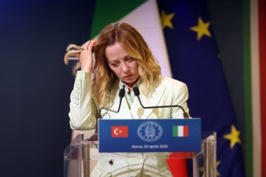 Roma, İtalya 29.4.2025: İtalya Başbakanı Giorgia Meloni, Türkiye Cumhurbaşkanı Recep Tayyip Erdoğan 'ı Roma ile Ankara arasındaki dördüncü zirvenin yapılacağı Villa Pamphili' de karşıladı.
