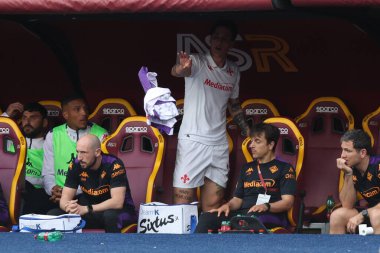 Roma, İtalya 04.05.2025: Fiorentina 'dan Nicolo Zaniolo Fiorentina İtalyan futbol şampiyonluğu sırasında İtalya' dan Albert Gudmundsson 'un yerine Serie A Enilive 2024-2025 Roma ACF Fiorentina' ya karşı Roma 'daki Stadio Olimpico' da oynanan karşılaşma.