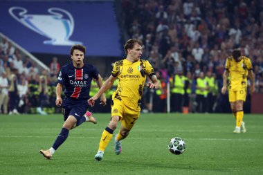 Münih, Almanya 31 Mayıs 2025: PSG 'den Joao Neves, 2024-2025 UEFA Şampiyonlar Ligi Finali sırasında Münih' teki Allianz Arena 'da Paris Saint Germain ile Inter Milan arasında oynanan karşılaşma..