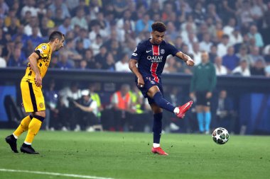 Münih, Almanya 31 Mayıs 2025: PSG 'den Desire Doue 2024-2025 UEFA Şampiyonlar Ligi final maçı sırasında Paris Saint Germain ile Inter Milan arasında Münih' teki Allianz Arena 'da oynanacak..