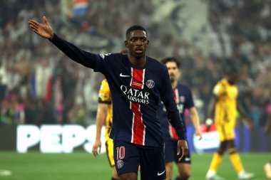 Münih, Almanya 31 Mayıs 2025: Ousmane Dembele 2024-2025 UEFA Şampiyonlar Ligi final maçı sırasında Paris Saint Germain ile Inter Milan arasında Münih 'teki Allianz Arena' da oynanacak..