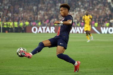 Münih, Almanya 31 Mayıs 2025: PSG 'den Desire Doue 2024-2025 UEFA Şampiyonlar Ligi final maçı sırasında Paris Saint Germain ile Inter Milan arasında Münih' teki Allianz Arena 'da oynanacak..